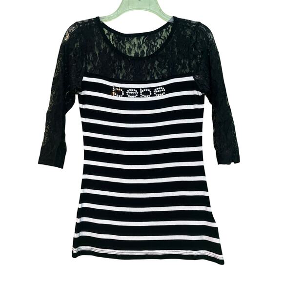 Bebe Striped Laced Shoulders Long Sleeve Soft Rayon Blend Top Size M - Picture 1 of 7